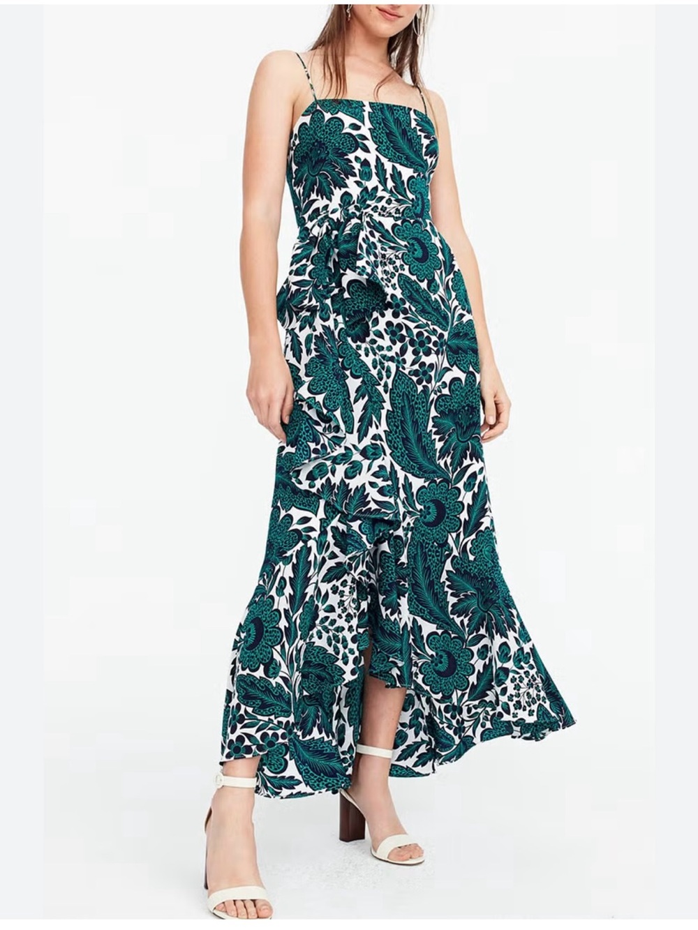 J. Crew silk midi dress date night wedding guest green floral high low size 6